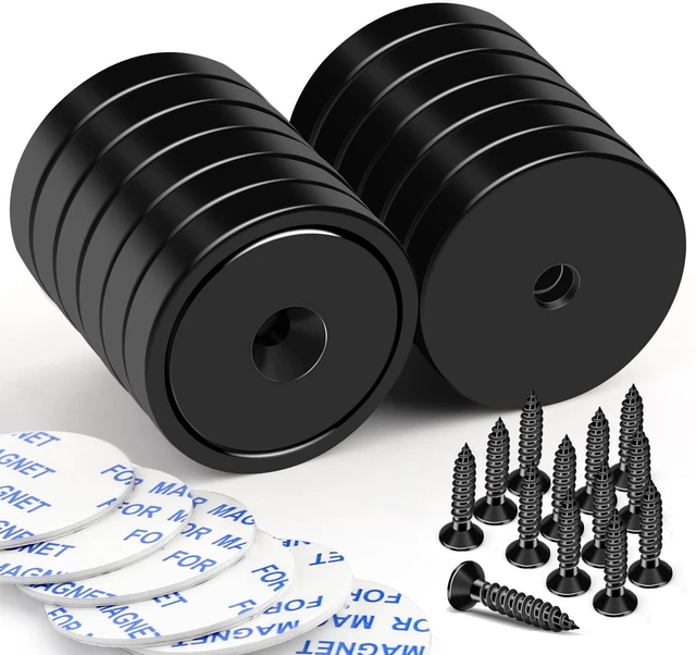 Main image of Strong Rare Earth Neodymium Magnets with Screws, 110Lbs, 12 Pack Heavy Duty Disc Cup Magnets with Countersunk Hole and Adhesive Backing for Kitchen, Tool Room, and Wall Hanging