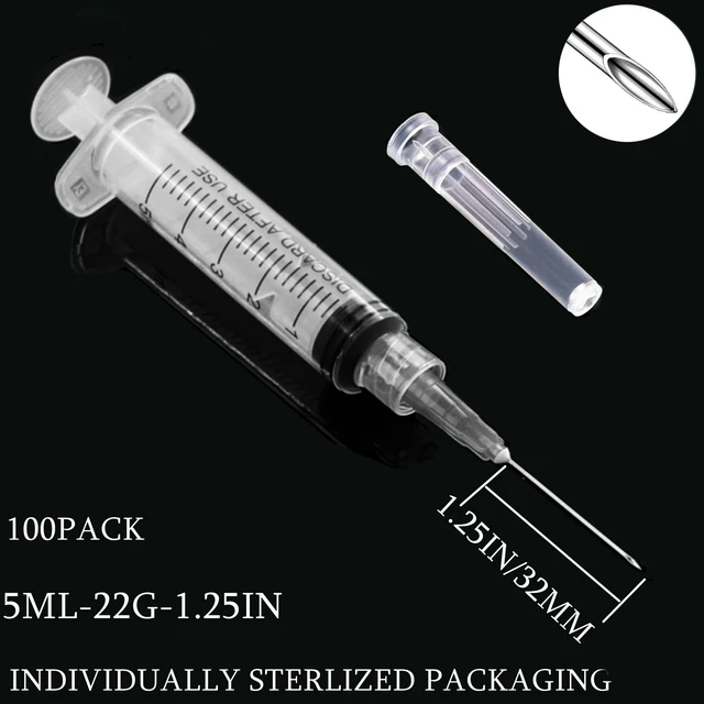 Alt view image 2 of 6 - 100 Pack 5ml/cc Plastic Luer Lock Syringa with 22Ga and Cap, Individually Sealed Wrapped, for Scientific Labs, Measuring Liquid, Refilling Cartridges or Glue Applicator