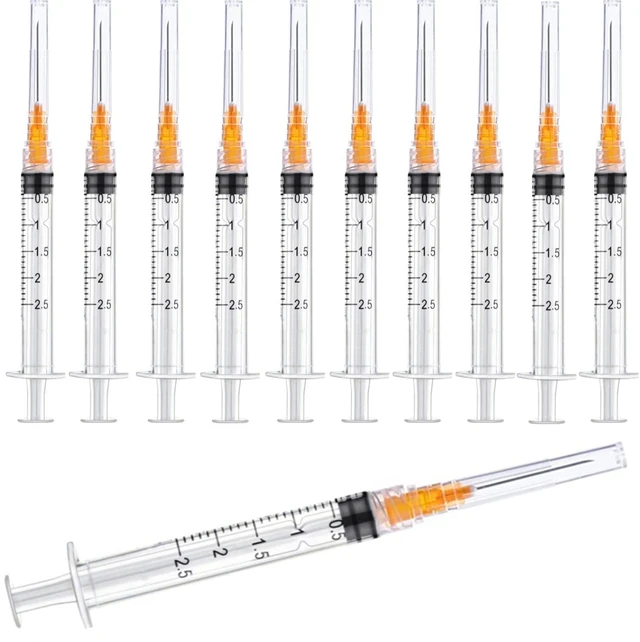 Main image of 100 Pack 2ml (2.5ml) Plastic Luer Lock Syringa with 25Ga and Cap, Individually Sealed Wrapped, for Scientific Labs, Measuring Liquid, Refilling Cartridges or Glue Applicator