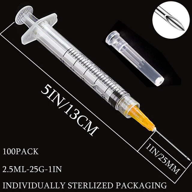 Alt view image 2 of 7 - 100 Pack 2ml (2.5ml) Plastic Luer Lock Syringa with 25Ga and Cap, Individually Sealed Wrapped, for Scientific Labs, Measuring Liquid, Refilling Cartridges or Glue Applicator