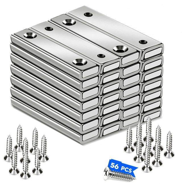 Main image of Neodymium Strong Bar Magnets with Screws Holes 28Pack, 80lbs Rare Earth Magnet Heavy Duty Magnetic Pulling Force Cabinet Door Catch for Hanging Latch Mounting Tool Room HomeSilver