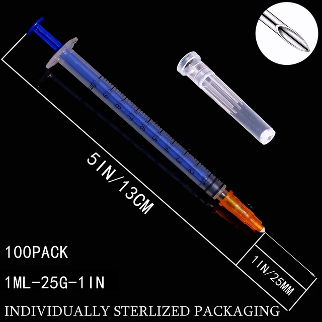 Alt view image 2 of 7 - 100 Pack 1ml/cc Plastic Luer Slip Syringa with 25Ga and Cap, Individually Sealed Wrapped, for Scientific Labs, Measuring Liquid, Refilling Cartridges or Glue Applicator