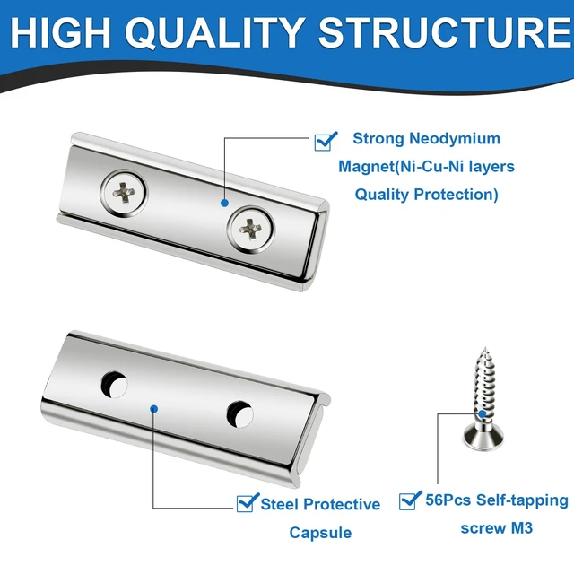 Alt view image 6 of 6 - Neodymium Strong Bar Magnets with Screws Holes 28Pack, 80lbs Rare Earth Magnet Heavy Duty Magnetic Pulling Force Cabinet Door Catch for Hanging Latch Mounting Tool Room HomeSilver