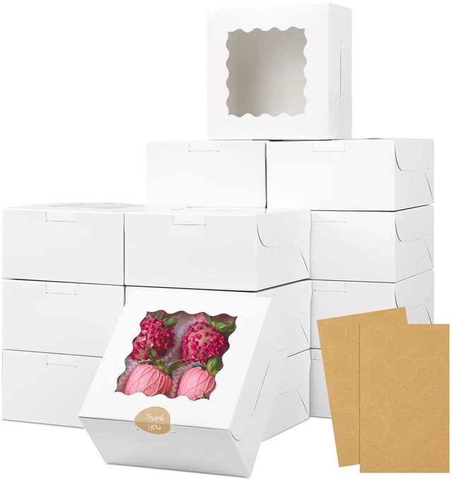 Main image of 30pcs Cookie Boxes with Window, 6x6x3 Inches White Bakery Boxes Food-grade Treat Boxes, Dessert Boxes for Chocolate Covered Strawberries, Pastries
