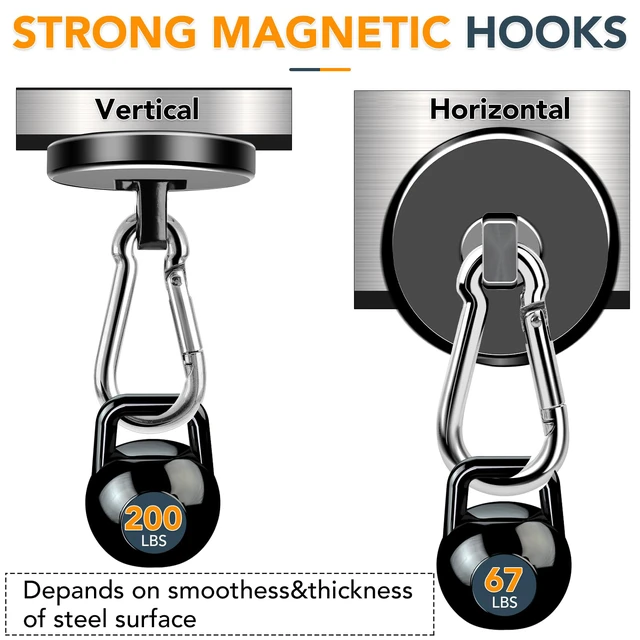 Alt view image 4 of 7 - Strong Magnetic Hooks Heavy Duty 200LBS+ Black Swivel Magnet Hook Neodymium Magnets with Carabiner Hook Magnet Hooks for Curtain Workplace 4 Pack