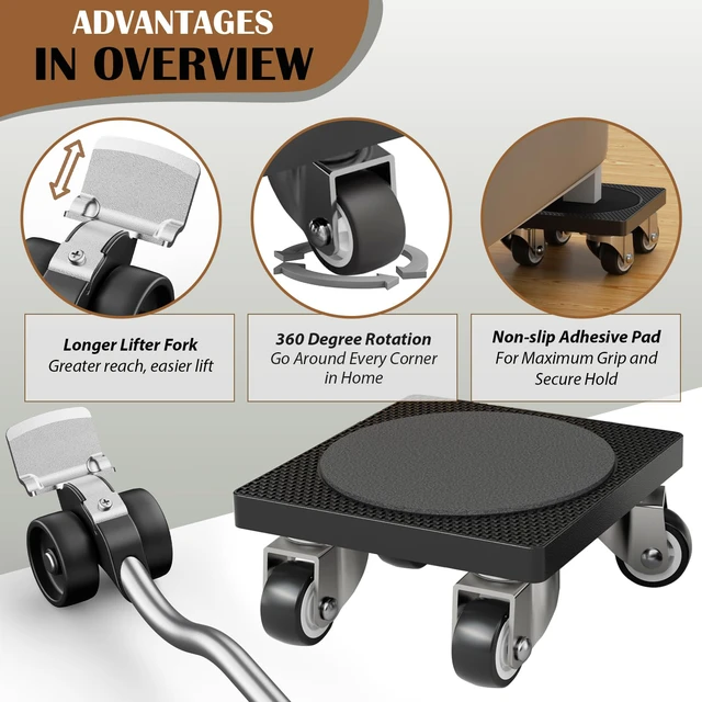 Alt view image 2 of 6 - Furniture Mover with Wheels & Aux. Lifter-Standard Dolly 360° Rotation Wheels Furniture Dolly for Moving Sliding Heavy Furniture, Appliances, 500 LB Max Load Capacity