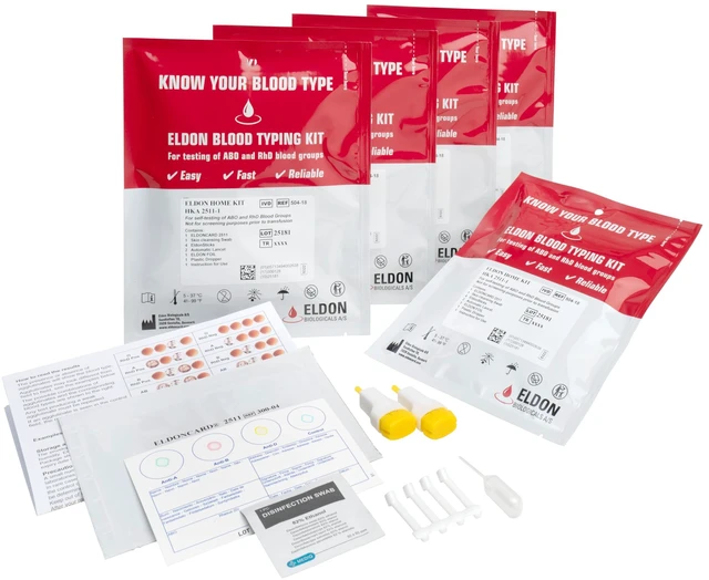 Main image of Blood Typing Kit, 5 Test Pack, Know Your Blood Type, Accurate Instant Home Testing, Determine A, O, B, Rhs-D Negative & Positive Groups