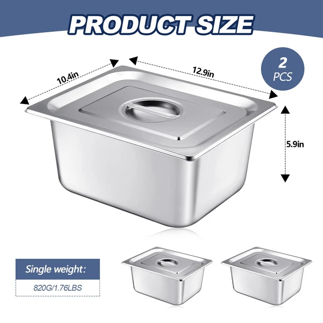 Alt view image 2 of 6 - 2 Pack Stainless 1/2 Size x 6 Inch Deep Steam Table Pans with Lids Designed for Serving and Food Prep at Buffets, Restaurants, Hotels, Parties, and Home Kitchens; Reusable and Stackable