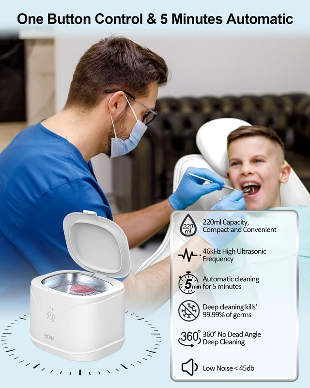 Alt view image 4 of 7 - Ultrasonic Retainer Cleaner Machine, Denture Cleaner for Mouthguard 46kHz Ultrasonic Cleaner, Dental Night Guards Pod, Braces, Aligners, Toothbrush, Jewelry Rings, Compact 220ml 304 Tank