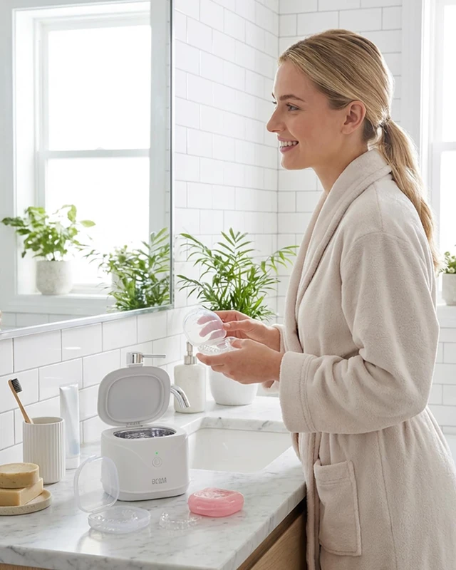 Alt view image 5 of 7 - Ultrasonic Retainer Cleaner Machine, Denture Cleaner for Mouthguard 46kHz Ultrasonic Cleaner, Dental Night Guards Pod, Braces, Aligners, Toothbrush, Jewelry Rings, Compact 220ml 304 Tank