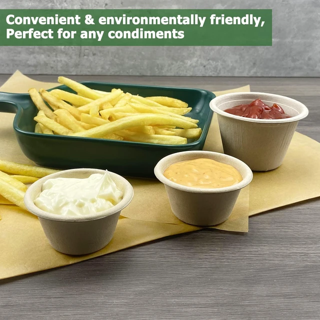 Alt view image 5 of 6 - 2 oz Disposable Bagasse Fiber Souffle Cups 200pk, 100% Natural Biodegradable Compostable Condiment cups Sample Cup Tasting Cup (Natural, Pack of 200)