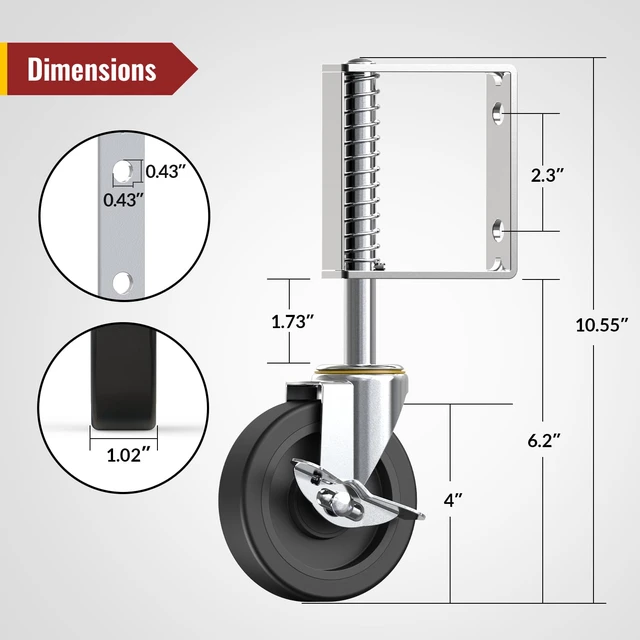 Alt view image 2 of 7 - 4 Inch Heavy Duty Spring Loaded Gate Casters with Brake, 2 Pack 220lbs max capacity. Adjustable spring design absorbs shock on uneven ground. Smooth rolling for heavy wood & metal gates