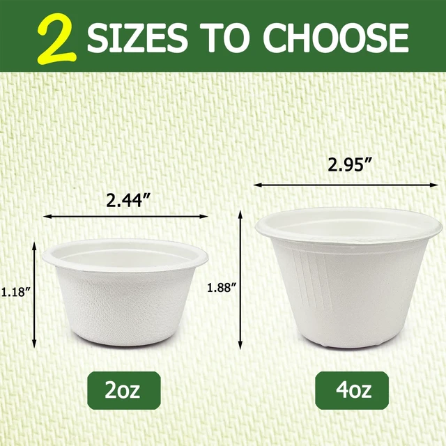 Alt view image 2 of 6 - 2 oz Disposable Bagasse Fiber Souffle Cups 200pk, 100% Natural Biodegradable Compostable Condiment Cups Sample Cup Tasting Cup (White, Pack of 200)