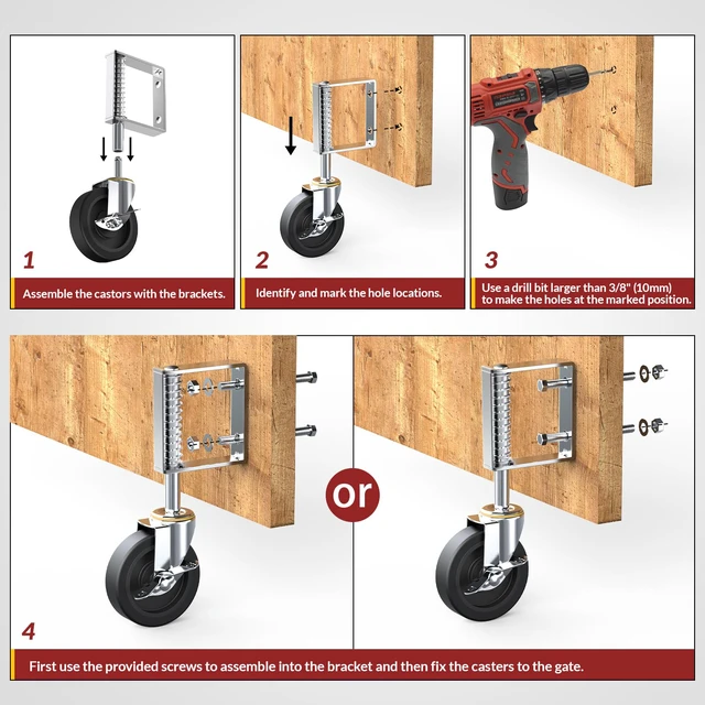 Alt view image 6 of 7 - 4 Inch Heavy Duty Spring Loaded Gate Casters with Brake, 2 Pack 220lbs max capacity. Adjustable spring design absorbs shock on uneven ground. Smooth rolling for heavy wood & metal gates