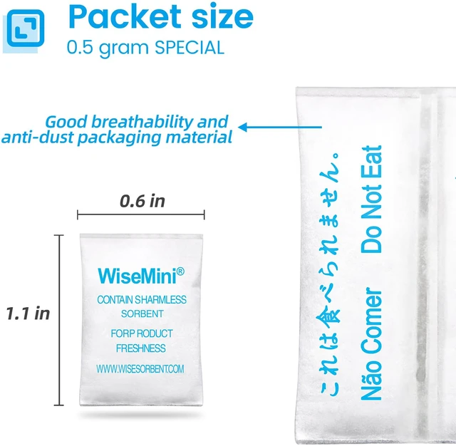 Alt view image 2 of 7 - 0.5 Gram 1500 Pack Silica Gel Packs, Dessicant Packets, Moisture Absorbers for Food Storage, Food Grade Desiccant Dehumidifiers, WiseMini