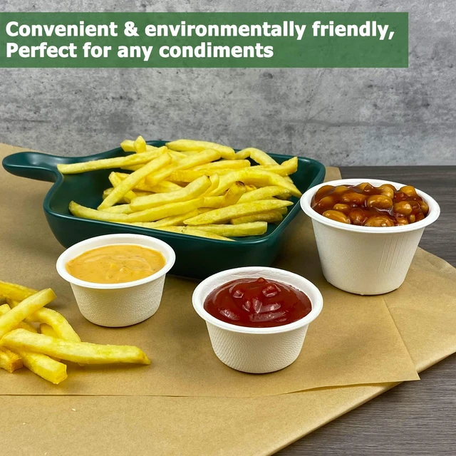 Alt view image 4 of 6 - 2 oz Disposable Bagasse Fiber Souffle Cups 200pk, 100% Natural Biodegradable Compostable Condiment Cups Sample Cup Tasting Cup (White, Pack of 200)