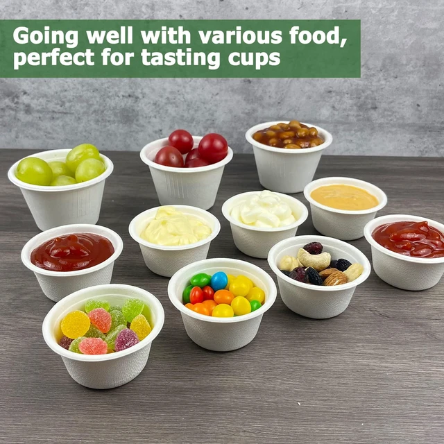 Alt view image 5 of 6 - 2 oz Disposable Bagasse Fiber Souffle Cups 200pk, 100% Natural Biodegradable Compostable Condiment Cups Sample Cup Tasting Cup (White, Pack of 200)