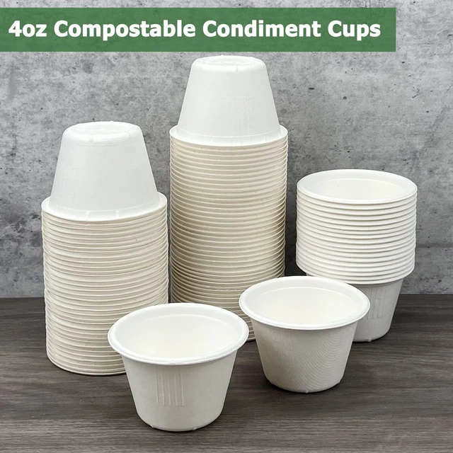 Alt view image 6 of 6 - 4 oz Disposable Bagasse Fiber Souffle Cups 200pk, 100% Natural Biodegradable Compostable Condiment Cups Sample Cup Tasting Cup (White, Pack of 200)