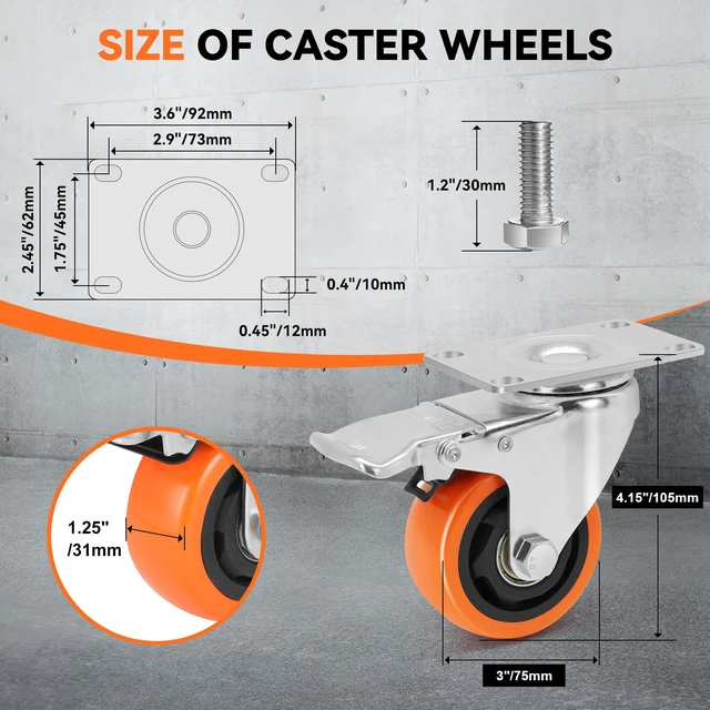 Alt view image 2 of 7 - WBD WEIBIDA 3 Inch Swivel Caster Wheels with Brake, Safety Dual Locking Casters Set of 8 Heavy Duty Plate Casters, Premium Polyurethane Wheels for Furniture and Workbench((Screws and Spanner)