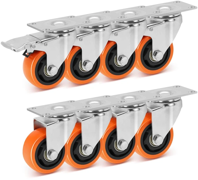 Main image of WBD WEIBIDA 3 Inch Swivel Caster Wheels with Brake, Safety Dual Locking Casters Set of 8 Heavy Duty Plate Casters, Premium Polyurethane Wheels for Furniture and Workbench((Screws and Spanner)