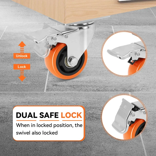 Alt view image 3 of 7 - WBD WEIBIDA 3 Inch Swivel Caster Wheels with Brake, Safety Dual Locking Casters Set of 8 Heavy Duty Plate Casters, Premium Polyurethane Wheels for Furniture and Workbench((Screws and Spanner)