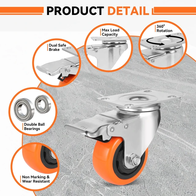 Alt view image 4 of 7 - WBD WEIBIDA 3 Inch Swivel Caster Wheels with Brake, Safety Dual Locking Casters Set of 8 Heavy Duty Plate Casters, Premium Polyurethane Wheels for Furniture and Workbench((Screws and Spanner)