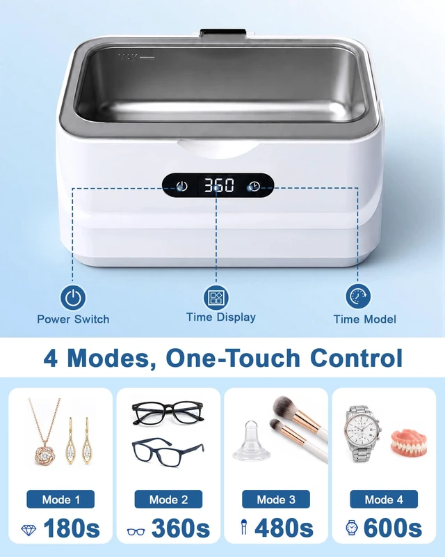 Alt view image 6 of 7 - Ultrasonic Jewelry Cleaner 48KHz Ultra Sonic Cleaning Machine For Ring/Eyeglass/Silver Jewelry/Watch Band/Dentures Retainers 4 Cleaning Modes & Display 400ml 304 Tank Gift for Women