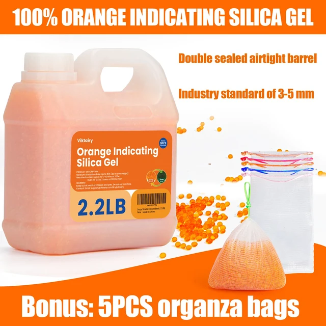 Alt view image 2 of 6 - 2.2 LBS Orange Silica Gel Desiccant Beads, Reusable & Color Indicating Premium Desiccant Bulk, Industry Standard 3-5 mm Silica Beads for 3D Filament, Camera, Jewelry, Safe (5PC Organza Bag)