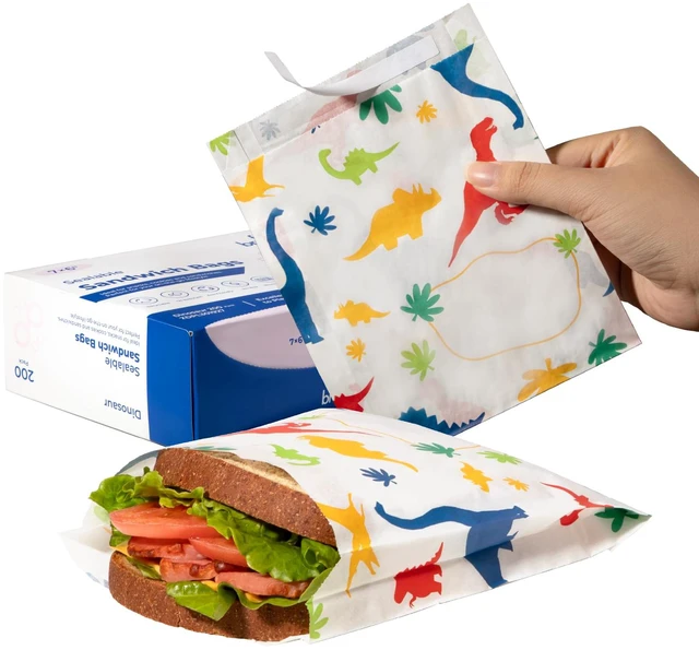 Main image of 200 Pack Paper Sandwich Bags Sealable 7 x 6", Dinosaurs Greaseproof Snack Bag, Food Grade Pastry Bag, Recyclable Small Paper Bags, Cookie Sleeves, Food Packaging for Bakery, Donut