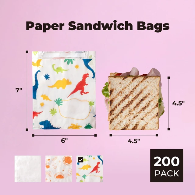 Alt view image 2 of 7 - 200 Pack Paper Sandwich Bags Sealable 7 x 6", Dinosaurs Greaseproof Snack Bag, Food Grade Pastry Bag, Recyclable Small Paper Bags, Cookie Sleeves, Food Packaging for Bakery, Donut