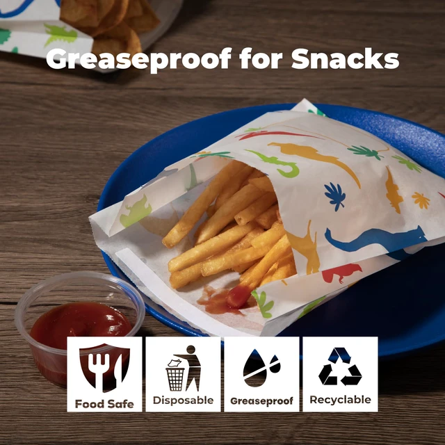 Alt view image 3 of 7 - 200 Pack Paper Sandwich Bags Sealable 7 x 6", Dinosaurs Greaseproof Snack Bag, Food Grade Pastry Bag, Recyclable Small Paper Bags, Cookie Sleeves, Food Packaging for Bakery, Donut
