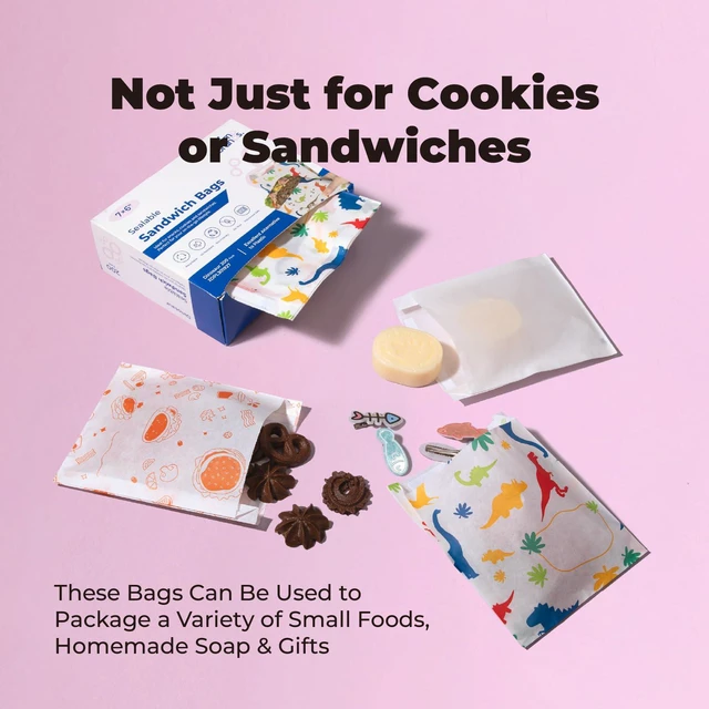 Alt view image 7 of 7 - 200 Pack Paper Sandwich Bags Sealable 7 x 6", Dinosaurs Greaseproof Snack Bag, Food Grade Pastry Bag, Recyclable Small Paper Bags, Cookie Sleeves, Food Packaging for Bakery, Donut