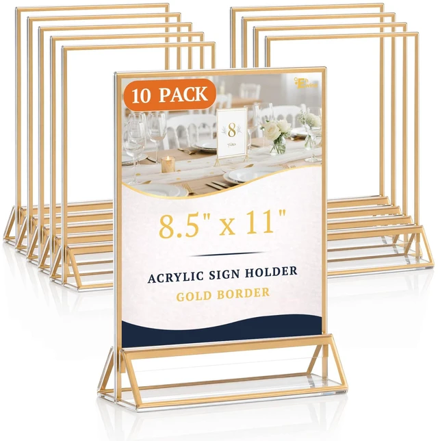 Main image of 10 Pack 8.5×11 Clear Acrylic Sign Holder with Gold Borders and Vertical Stand, Double Sided Table Menu Holders Picture Frames for Wedding Table Numbers, Restaurant Signs, Photos and Art Display