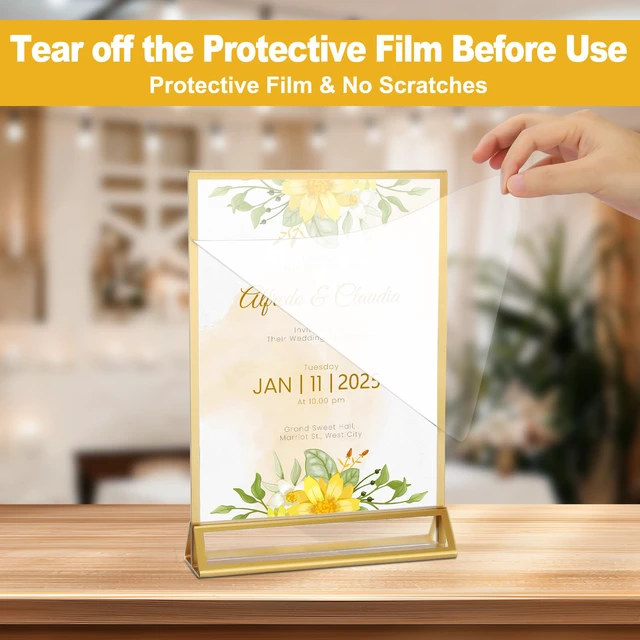 Alt view image 2 of 6 - 14 Pack 5×7 Clear Acrylic Sign Holder with Gold Borders and Vertical Stand, Double Sided Table Menu Holders Picture Frames for Wedding Table Numbers, Restaurant Signs, Photos and Art Display