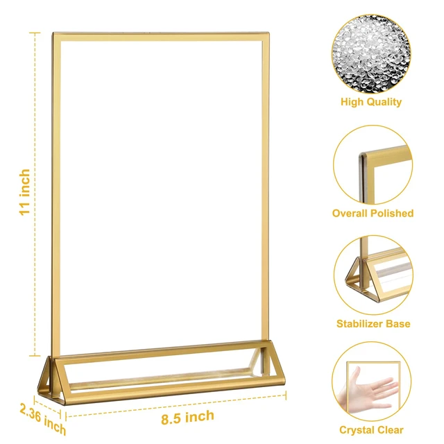 Alt view image 4 of 7 - 10 Pack 8.5×11 Clear Acrylic Sign Holder with Gold Borders and Vertical Stand, Double Sided Table Menu Holders Picture Frames for Wedding Table Numbers, Restaurant Signs, Photos and Art Display
