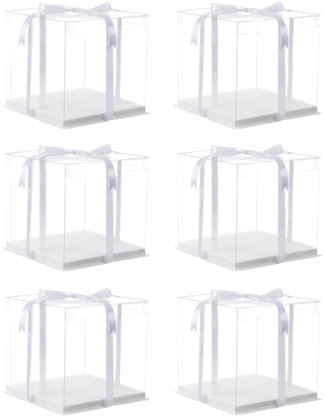 Main image of 6Pcs clear cake boxes with Ribbon, 6inch cake boxes for Christmas Bakery Treat,Holiday Pastries,Gift Giving-White
