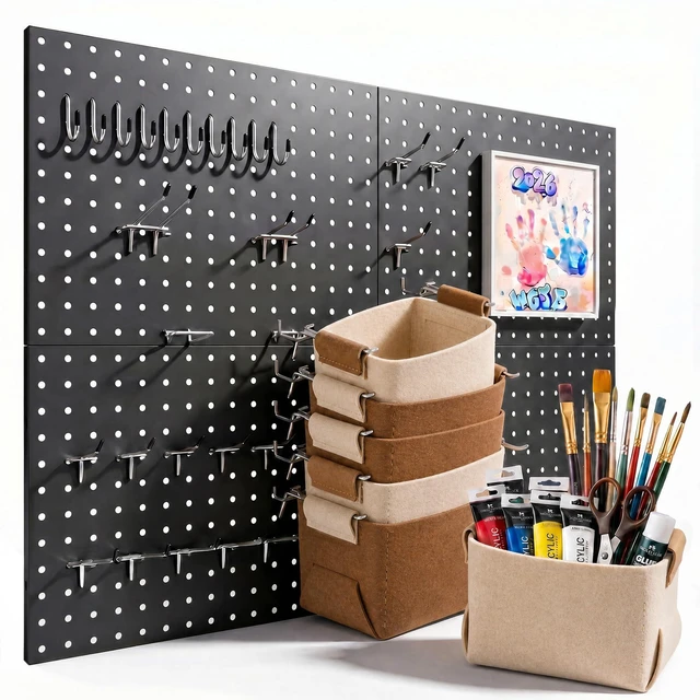 Main image of Peg Board, 4 Pack Metal Pegboard Wall Organizer with Accessories Black Pegboard Panels with 50 Pcs Hooks and Baskets, Wall Organizer for Office, Craft Room Organization, Garage, Sewing Room