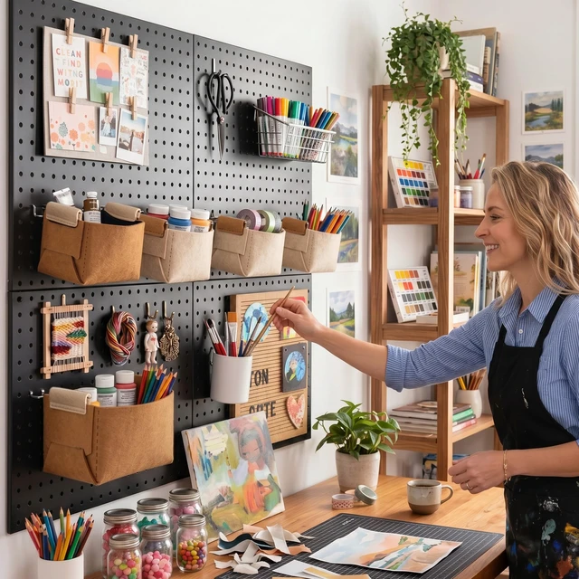 Alt view image 2 of 7 - Peg Board, 4 Pack Metal Pegboard Wall Organizer with Accessories Black Pegboard Panels with 50 Pcs Hooks and Baskets, Wall Organizer for Office, Craft Room Organization, Garage, Sewing Room