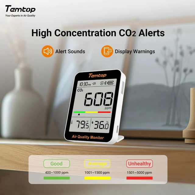 Alt view image 5 of 6 - C1+ CO2 Monitor, Smart Indoor Air Quality Monitor with BLE App Portable CO2 Meter, CO2 Temperature Humidity Detector, Real-Time Data Sync for Home, Office, School, Baby Room