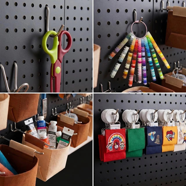 Alt view image 6 of 7 - Peg Board, 4 Pack Metal Pegboard Wall Organizer with Accessories Black Pegboard Panels with 50 Pcs Hooks and Baskets, Wall Organizer for Office, Craft Room Organization, Garage, Sewing Room