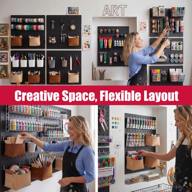Alt view image 7 of 7 - Peg Board, 4 Pack Metal Pegboard Wall Organizer with Accessories Black Pegboard Panels with 50 Pcs Hooks and Baskets, Wall Organizer for Office, Craft Room Organization, Garage, Sewing Room