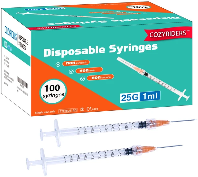 Main image of 1ml,100 Pack, 25G 1 inch Syringes with Needle, Needle Luer Lock Syringe, Individually Sealed Package for Scientific Labs,Feeding Small Animals,Dispensing,Applicator,Watering