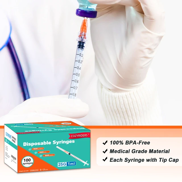 Alt view image 6 of 6 - 1ml,100 Pack, 25G 1 inch Syringes with Needle, Needle Luer Lock Syringe, Individually Sealed Package for Scientific Labs,Feeding Small Animals,Dispensing,Applicator,Watering