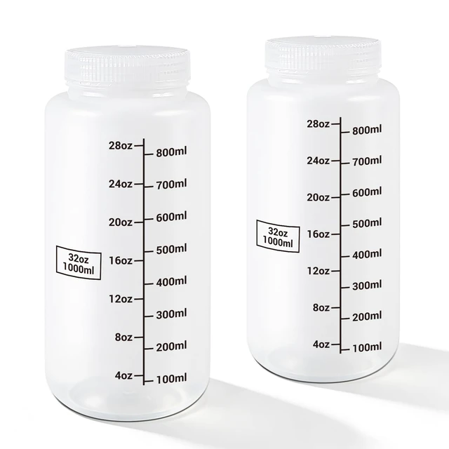 Main image of Plastic Bottles with Airtight Caps 32oz/1000ml, Food Grade Wide Mouth Liquid Containers, Reusable HDPE Graduated Plastic Bottles for Water Sample Lab Reagent Liquids Mixing (Translucent, 2 Pcs)
