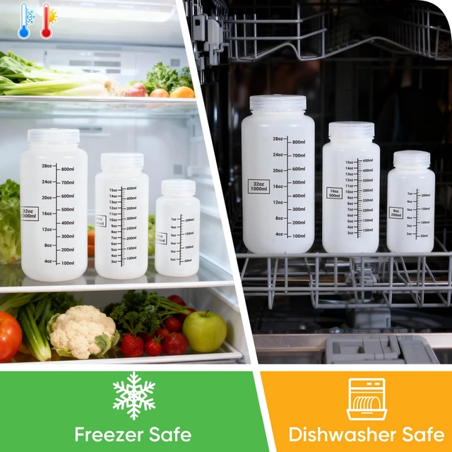 Alt view image 6 of 7 - Plastic Bottles with Airtight Caps 32oz/1000ml, Food Grade Wide Mouth Liquid Containers, Reusable HDPE Graduated Plastic Bottles for Water Sample Lab Reagent Liquids Mixing (Translucent, 2 Pcs)