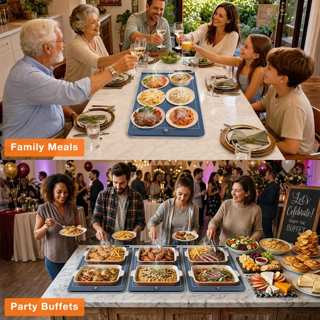 Alt view image 5 of 7 - Warming Mat for Food 24"x15", Rapid and Full Surface Heating Navy 6 Temp Settings, 6H Timer, Rollable Portable Silicone Electric Food Heating Mat for Countertop Party Buffet, Keep Meal Warm