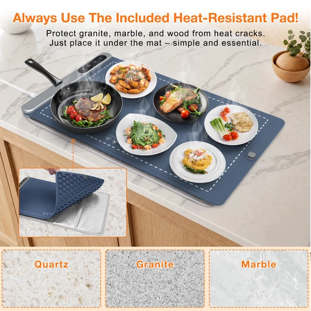 Alt view image 6 of 7 - Warming Mat for Food 24"x15", Rapid and Full Surface Heating Navy 6 Temp Settings, 6H Timer, Rollable Portable Silicone Electric Food Heating Mat for Countertop Party Buffet, Keep Meal Warm