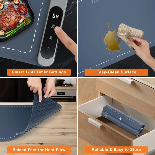 Alt view image 4 of 7 - Warming Mat for Food 24"x15", Rapid and Full Surface Heating Navy 6 Temp Settings, 6H Timer, Rollable Portable Silicone Electric Food Heating Mat for Countertop Party Buffet, Keep Meal Warm
