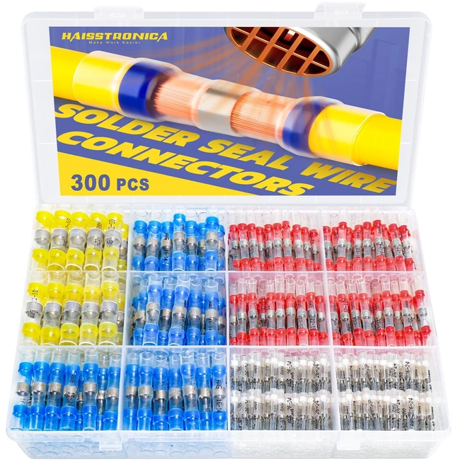 Main image of 300PCS Solder Seal Wire Connectors Kit, 4 Colors/4 Sizes 26-10 AWG, Wire Gauge Markings, Clear Sleeves, Hot-Melt Adhesive Rings, Compartment Storage, Automotive Wiring