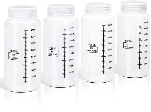 Main image of Plastic Bottles with Airtight Caps 16oz/500ml, Food Grade Wide Mouth Liquid Containers, Reusable HDPE Graduated Plastic Bottles for Water Sample Lab Reagent Liquids Mixing (Translucent, 4 Pcs)